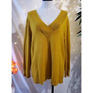 Anthropologie Galizia Mustard Yellow V Neck Knit Oversized Sweater Womens Size M